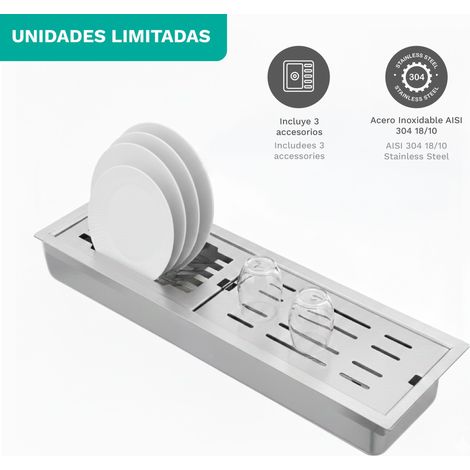 Fregadero auxiliar de cocina 69x25 cm acero inoxidable AISI 304 un seno, 3 accesorios encastrable, bajo encimera o enrasado, Acero cepillado,Turquesa