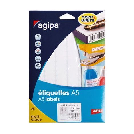Étiquettes adhésives A5 - AGIPA - Étui 1824 - 1824 étiquettes - 10x22 mm - Adhésif permanent