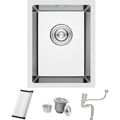 Évier de cuisine, en acier inoxydable 304, 35 x 45 cm, Petit Évier de cuisine, Montage Encastré ou Supérieur, avec Trop-Plein, Siphon, Support Enroulable (1/5)