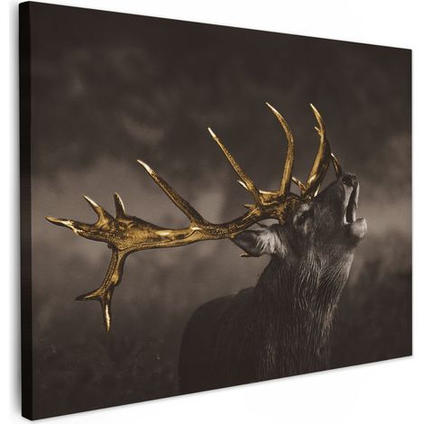 TABLEAU SUR TOILE Chevreuil - Noir - Or Décoration Murale 40x30 cm