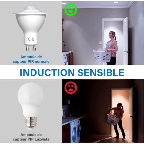 2pcs LED Ampoules de Capteur de Mouvement GU10 PIR Ampoule de Capteur de Lumière 5W Blanc Froid 6000K Auto On/Off LED Lampe de Sécurité pour Les Escaliers, Le Garage, La Passerelle, La Cour