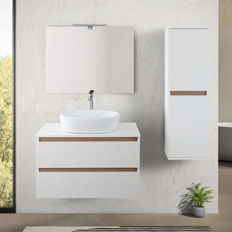 Mobile bagno sospeso 80 cm bianco e rovere con cassetti soft-close Kleo (1/5)