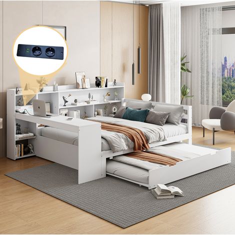 lit adulte 140x200 rangement bureau gigogne bois blanc OKMYHOME (1/5)
