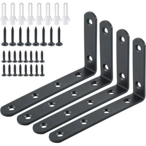 Équerres Étagère de Fixation Murale Console Emboutie en Métal Support d'Angle pour Étagère à Suspendre, 125 mm x 75 mm, Finition Noire Mate en Acier Inoxydable, 4 Pcs, EJ5207B-4P (1/5)
