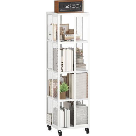 Librería moderna de 4 niveles de malla metálica con ruedas, 35x35x129 cm, blanca. (1/5)
