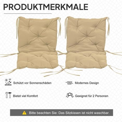 Lot de 2 coussins de chaise 98x50 cm, épais 8 cm, avec attaches, housse en tissu, couleur kaki (1/4)