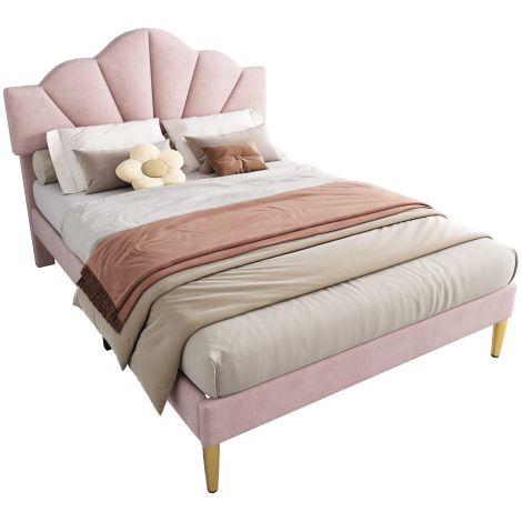 Samt, Polsterbett, muschelartiges Bett mit goldenen Eisenbeinen, höhenverstellbares Kopfteil, Holzlattenrost