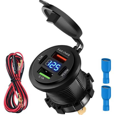 12V Prise de Chargeur de Voiture, Etanche pour Moto, pour Android 4 Ports Double PD 3.1A 30W et Double Rapide Charge USB A, avec LED Voltmètre, 66W, pour Bateau Camping-Car Camion (1/5)