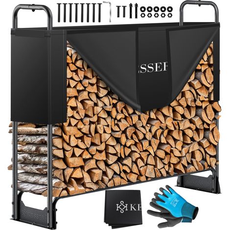 KESSER® Kaminholzregal Metall Brennholzregal außen Stahlrahmen + Abdeckung & Handschuhe Kaminholzunterstand 200kg Wasserdichter Holzlager Holzstapelhilfe Schwarz / 130 x 36 x 117cm