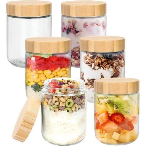 Bocaux En Verre - Pot En Verre Avec Couvercle-500ml-6PCS- avec Couvercle en Bois à Vis Scellés-Pour conserver la confiture,le yaourt (1/5)