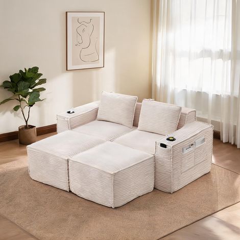 Sofa modulaire en velours côtelé beige clair avec deux poufs (1/5)