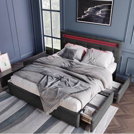 lit adulte double rangement LED 4 tiroirs 140x200 gris OKMYHOME (1/5)