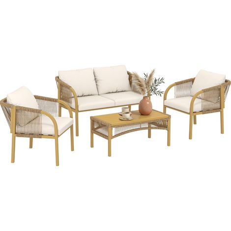 Salon de Jardin Extérieur 4 Pièces avec Canapé 2 Fauteuils Table Coussins, Acier Résine Tressée, 120x72x73cm, Kaki