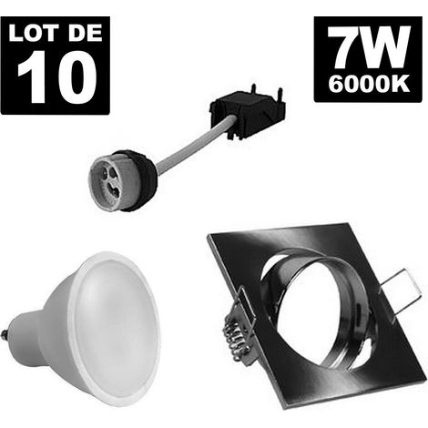 10 Spots 7W Blanc Froid carré encastrable orientable Alu brossé avec GU10 LED 6000k (1/2)