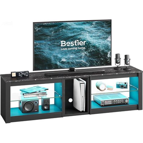 Meuble TV bas pour téléviseurs de 65 pouces et plus petits, 160 x 35 x 52 cm, meuble TV avec lumières LED RVB, table TV avec gestion des câbles intégrée, plateau en verre réglable (1/5)