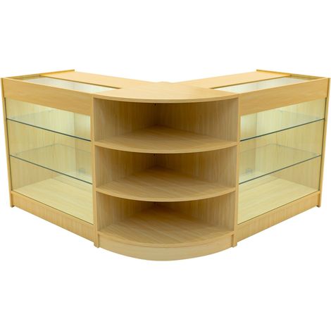 Set Mostradores Comerciales "APOLLO" Arce 2xK900+1xLM60 MDF y vidrio templado Estantes y puertas corredizas con cerradura Fácil Montaje Mostrador Recepción Expositor Comercial Mesa