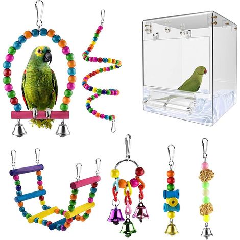 Baignoire pour Oiseaux, bac de Bain pour Oiseaux, boîte de Bain Transparente pour Petits Oiseaux, (boîte de Bain pour Oiseaux sans Fuite + 6 Jouets pour Oiseaux) (1/5)