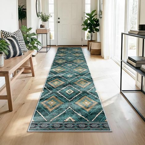 Tapis de Salon Lavable en Machine 80x240 cm Tapis antidérapant, Tapis de Chambre pour Le Salon, l'entrée, la Chambre et la Cuisine, Bleu Canard (1/5)
