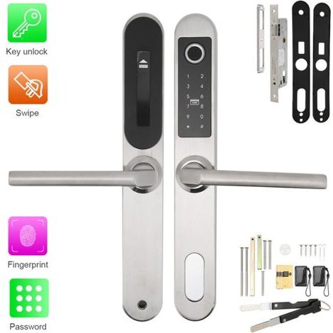 Serrure à empreinte digitale avec mot de passe, poignée de porte réglable, argentée, étanche, pour appartement, villa, école, bureau (1/5)