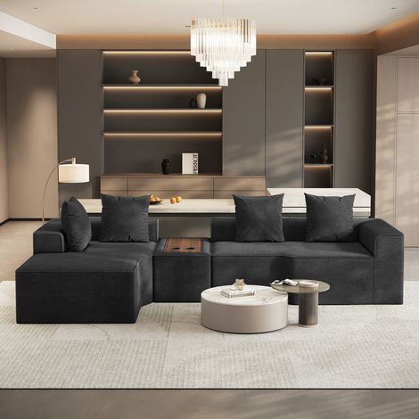 Divano angolare modulare a 3 posti con lato sinistro in velluto a coste compresso,con tavolino multifunzionale integrato,320x152x59cm,nero