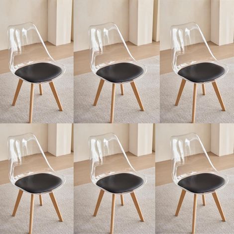 Lot de 6 chaises de salle à manger transparentes design scandinave avec coussin noir (1/5)