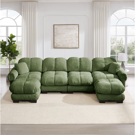 Divano modulare 4 posti a U con 2 pouf mobili, tessuto ciniglia, verde DESVIAE (1/5)