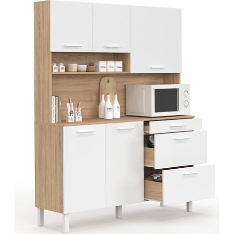 Buffet casserolier de cuisine 140 cm CINA 5 portes + 3 tiroirs façon hêtre et blanc