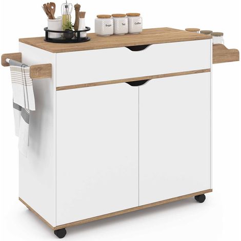 Idmarket – Desserte de cuisine XXL avec tiroir blanc et plateaux façon hêtre – Longueur 90 cm – 4 roulettes directionnelles pour mobilité