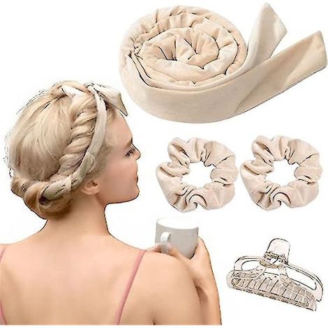 Fer à friser sans chaleur, bandeau pour bigoudis ondulés naturels - beige