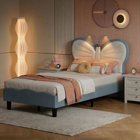 Letto singolo 90x190 cm con testiera a farfalla, letto singolo in velluto blu, rete a doghe, letto imbottito per cameretta