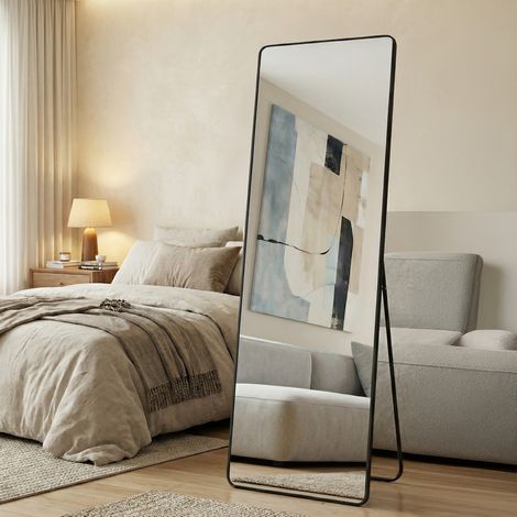 Miroir sur Pied, 160 x 50 cm, Cadre en Alliage d’Aluminium, Verre Trempé, Noir (1/5)