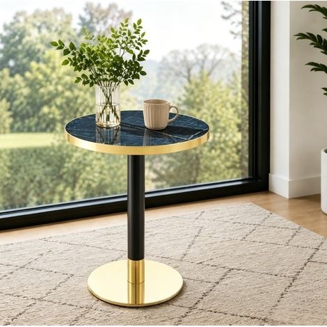 Runder Beistelltisch 60 cm blau aus MDF und Metall mit Marmor-Optik und goldfarbenem Rand (1/5)