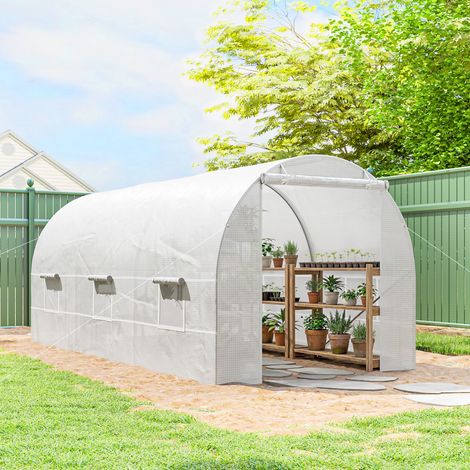 Serre Tunnel de Jardin 9m² (445x200x200cm) - Porte + 6 Fenêtres, Bâche PE 140g/m², Blanc