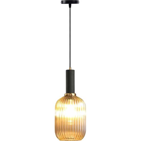 Suspension Moderne Verre Strié Ambre E27 – Luminaire Suspendu Cuisine Îlot, Salle à Manger, Chambre (13cm)