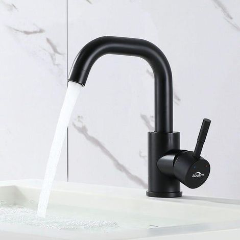 Robinet de Lavabo Sept-forme Mitigeur Eau Froide et Chaude en Acier Inox Rotation à 360° Robinet de Vasque à Poser Hauteur Total 250mm , Noir (1/5)