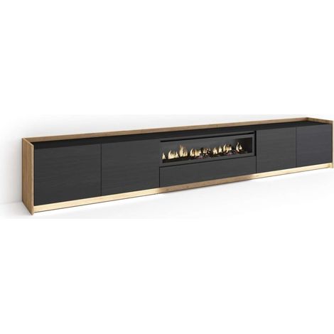 Mueble TV Genalguacil-02 de 310x50x37 cm con chimenea y luces LED, color negro y roble (1/4)