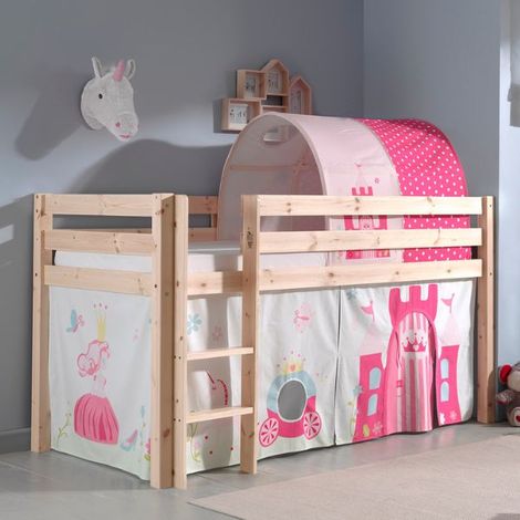 Lit mezzanine 90x200 avec tente et tunnel princesse pin massif clair Pino