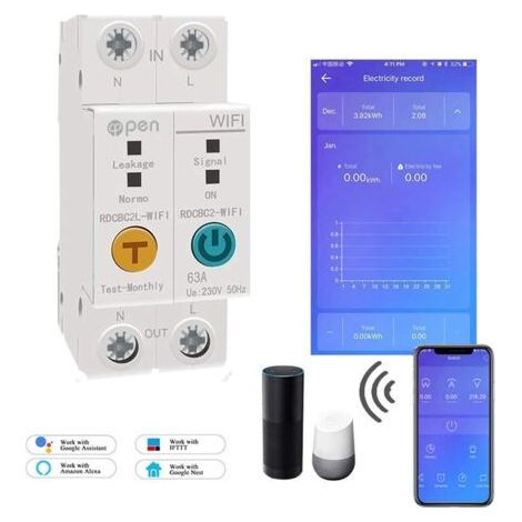 WiFi Energy Meter - 2P 63A - DIN Rail - Intelligent - kWh Consumption - Circuit Breaker Switch