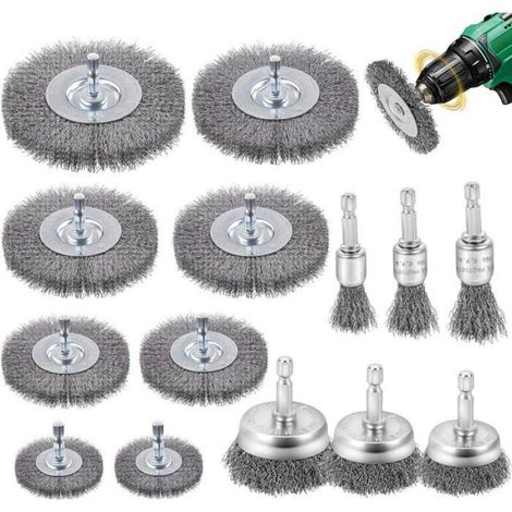 Brosses métalliques pour perceuse - lot 14 pièces, queue hexagonale 6 mm, élimination rouille et décapage peinture, en acier (1/4)