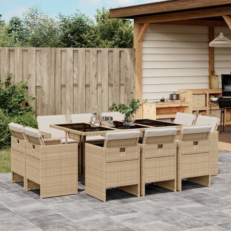 Ensemble à manger de jardin et coussins 11 pcs beige poly rotin vidaXL