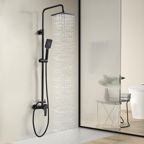 Colonne de Douche Noir, Mitigeur Hauteur Réglable 110-145CM, Tête 21cm Mitigeur Laiton, Barre Inox 304, Douchette 3 Jets ABS, Anti-Brûlure 38°C, Flexible 1.5m Inclus, Montage Mural, Raccord G1/2 (1/5)