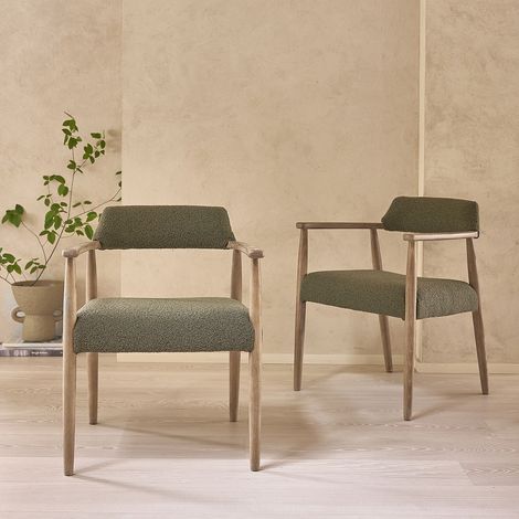 Lot de 2 chaises en chêne et tissu bouclette kaki (1/5)