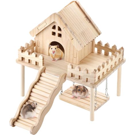Maison en bois pour hamster avec plateforme, rampe et balançoire - Ensemble de jeu en bois naturel pour hamsters nains syriens, gerbilles, souris et autres petits animaux - Accessoires pour cage (1/5)