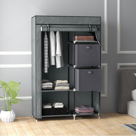 Stoffschrank 102x42.5x162.5 cm dunkelgrau aus Stahl und Vliesstoff mit Kleiderstange, 6 Ablagen und Reißverschluss (1/5)