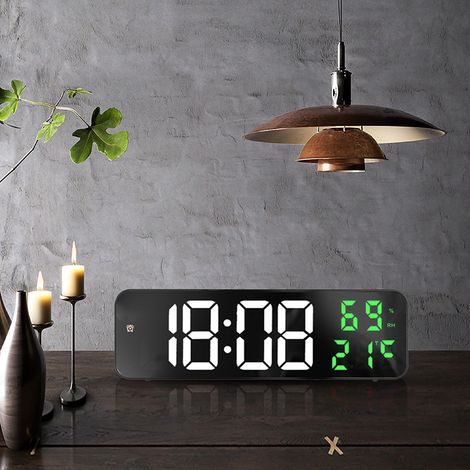 Reloj electrónico con gran pantalla LED tipo espejo – Despertador digital iluminado con indicador de temperatura y fecha – Montaje en pared/mesa en blanco y verde – Plástico, 260 g (1/5)
