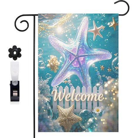 Drapeau de jardin décoratif 30 x 45 cm motif étoiles de mer et perles marines toile double face durable (1/5)