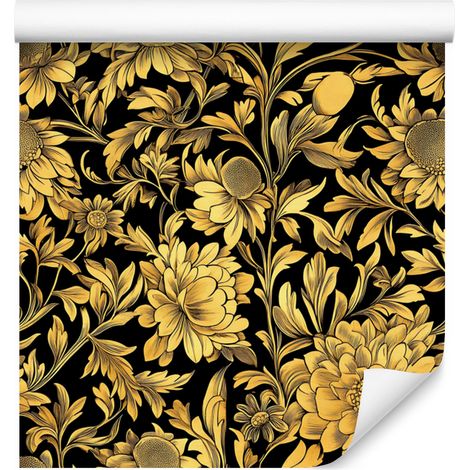Papier peint Hibiscus doré Ocre, Or, Jaune et Noir 50x1000 cm (1/5)