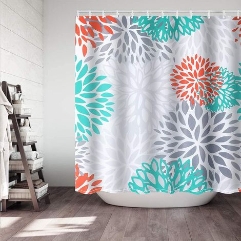 Rideau de douche Didi Hou orange, imperméable, en polyester imprimé dahlia, avec crochets, 150 x 150 cm (1 pièce) (1/4)