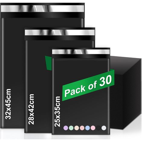 Pack of 30 Vintage Packaging Pouches, Plastic Shipping Envelopes for Small Businesses and Retail Stores (Black 25 x 31 cm, 28 x 38 cm, 32 x 41 cm) (1/5)