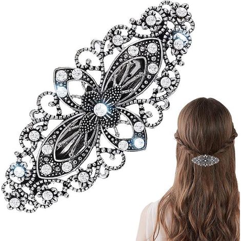 Pince à cheveux fleur vintage, bijou accessoire cheveux femme, argent brillant, manche cristal, lot de pinces cheveux scintillantes (1/5)